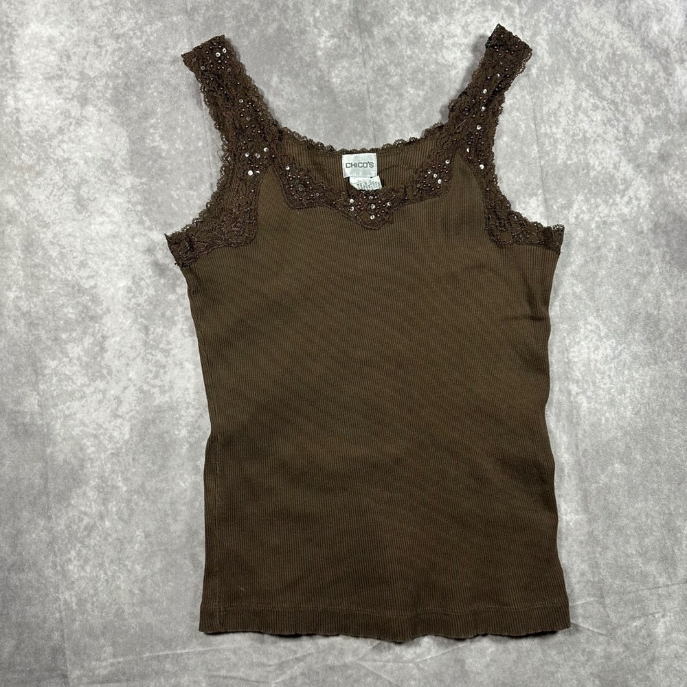 Y2K Chicos Brown Ribbed Tank Top Lace Trim Sequin Embellished Size 2 Fairycore